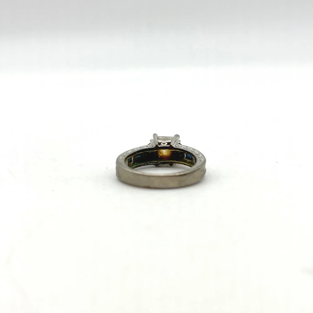 Silver Ring Princess Cut Center Stone Blue‎ Accents Size 6.5 Statement